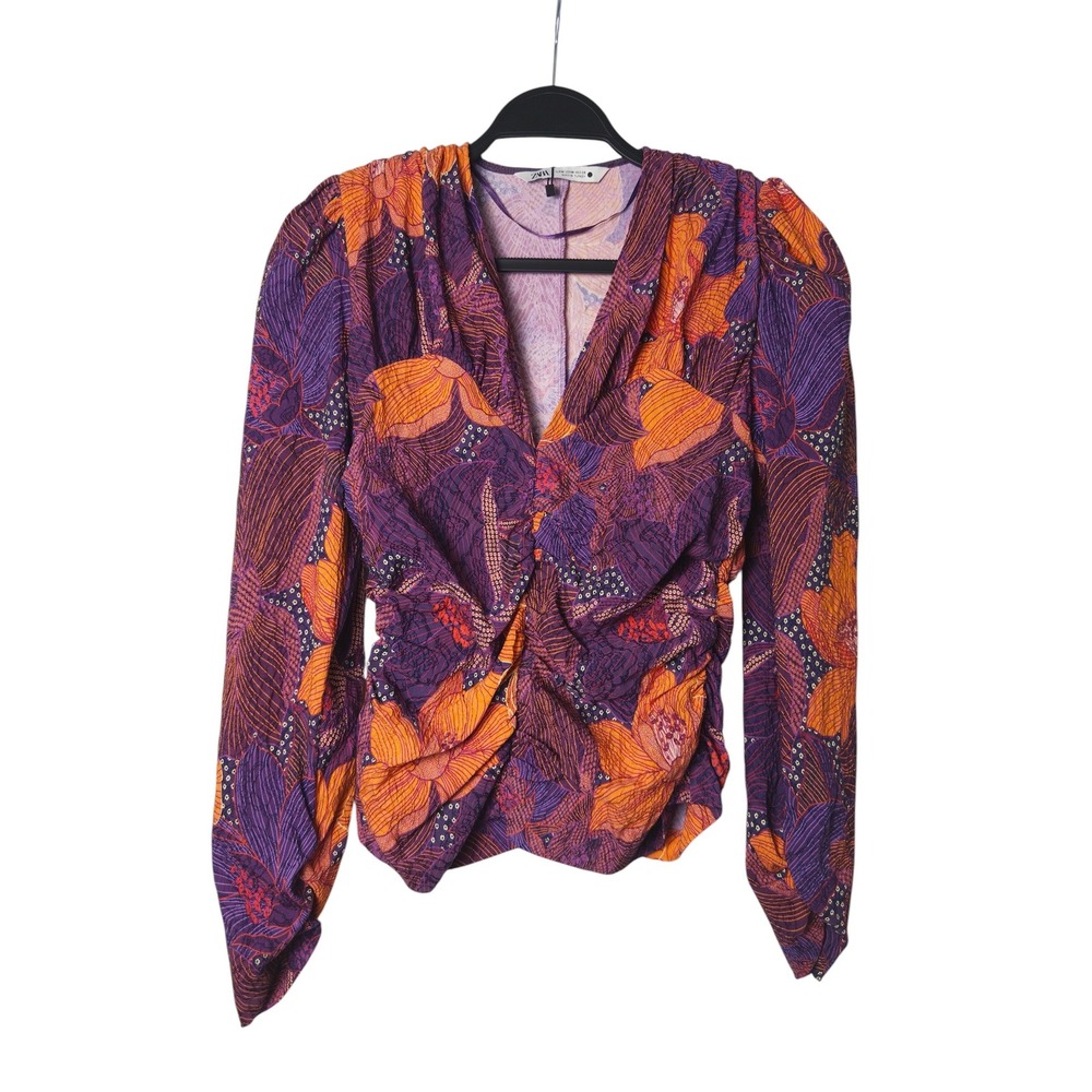 Zara Purple Orange Floral Ruched V-Neck Blouse Whimsygoth Boho Romantic M